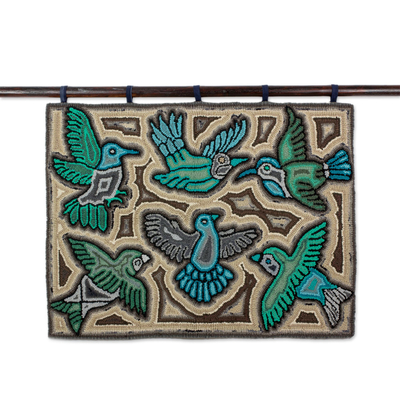 Recycled cotton blend tapestry, 'Verdant Forests' - Green Bird Recycled Cotton Blend Tapestry from Guatemala