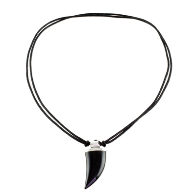 Men's jade pendant necklace, 'Strong Bite' - Men's Black Jade and Sterling Silver Fang Pendant Necklace