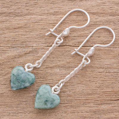 Jade dangle earrings, 'Green Spirals of Love' - Heart-Shaped Green Jade Dangle Earrings from Guatemala