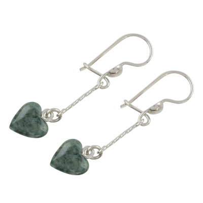 Jade dangle earrings, 'Green Spirals of Love' - Heart-Shaped Green Jade Dangle Earrings from Guatemala