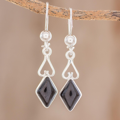 Jade dangle earrings, 'Marvelous Black Diamonds' - Diamond-Shaped Black Jade Dangle Earrings from Guatemala