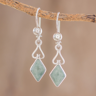 Jade dangle earrings, 'Marvelous Apple Green Diamonds' - Diamond-Shaped Apple Green Jade Earrings from Guatemala