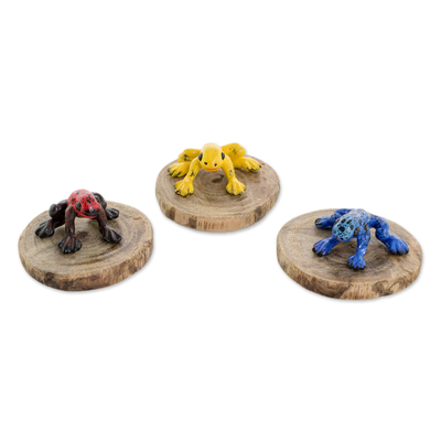 Colorful Ceramic and Wood Frog Figurines from Guatemala