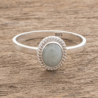 Jade solitaire ring, 'Oval Beauty' - Apple Green Jade Solitaire Ring Crafted in Guatemala
