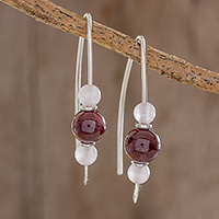 Rose quartz and garnet drop earrings, 'Rosy Sheen' - Rose Quartz and Garnet Drop Earrings from Guatemala