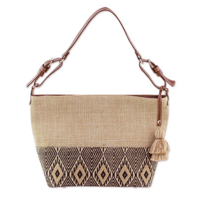 Bolso de hombro de algodón con acento de cuero, 'Maya Ixcaco' - Bolso de hombro estilo maya de algodón con detalles en cuero