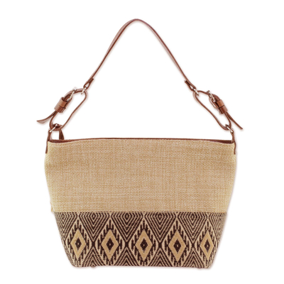 Bolso de hombro de algodón con acento de cuero, 'Maya Ixcaco' - Bolso de hombro estilo maya de algodón con detalles en cuero