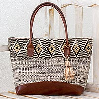 Leather accent cotton tote bag, Mayan Chic