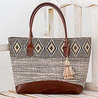 Leather accent cotton tote bag, 'Mayan Chic' - Natural Cotton and Black Diamond Motif Leather Accent Tote