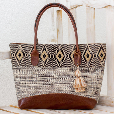 Leather accent cotton tote bag, 'Mayan Chic' - Natural Cotton and Black Diamond Motif Leather Accent Tote