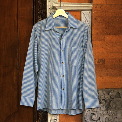 Blue Striped Long-Sleeved Men's Cotton Shirt from Guatemala - Pacific ...