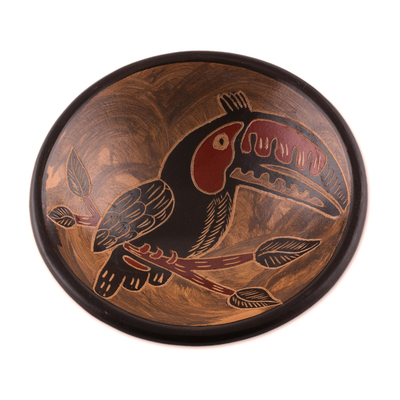 Black Toucan Earth-Tone Chorotega Pottery Decorative Bowl