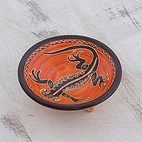 Orange and Black Gecko Chorotega Pottery Decorative Bowl,'Gecko's Gaze'
