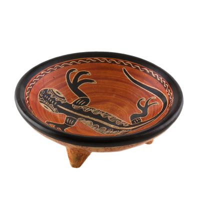 Ceramic decorative bowl, 'Gecko's Gaze' - Orange and Black Gecko Chorotega Pottery Decorative Bowl