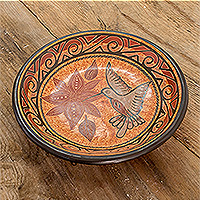 Ceramic decorative bowl, 'Hummingbird's Delight' - Orange Hummingbird Chorotega Pottery Decorative Bowl