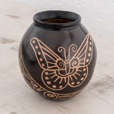 Ceramic decorative vase, 'Flying Beauty' - Ceramic Decorative Butterfly Vase in Black from Costa Rica
