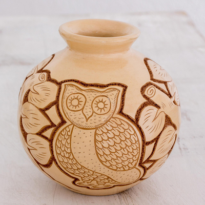 Ceramic decorative vase, 'San Juan Owl in Beige' - Handcrafted Ceramic Decorative Vase from Nicaragua