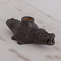 Ceramic decorative vessel, 'Cafe Crocodile' - Handcrafted Ceramic Crocodile Decorative Vessel