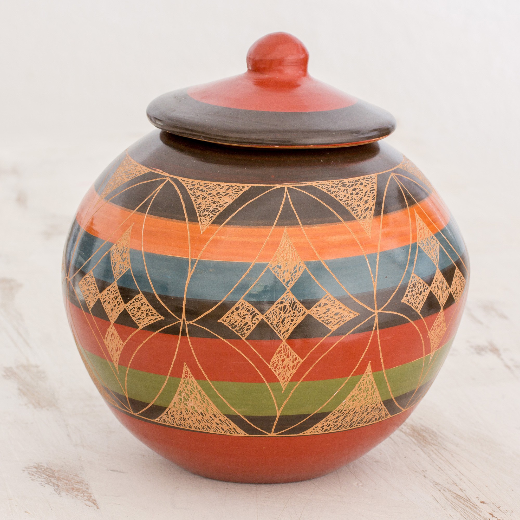 Round Decorative Ceramic Lidded Jar with Geometric Design Inspired