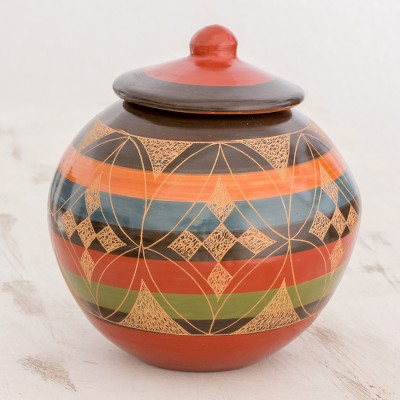 Round Decorative Ceramic Lidded Jar With Geometric Design