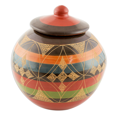 Round Decorative Ceramic Lidded Jar with Geometric Design