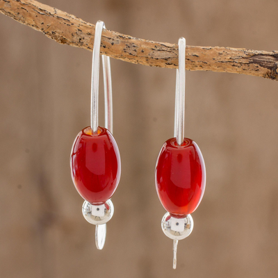 Agate drop earrings, 'Fiery Fruit' - Red Agate Beaded Drop Earrings from Guatemala