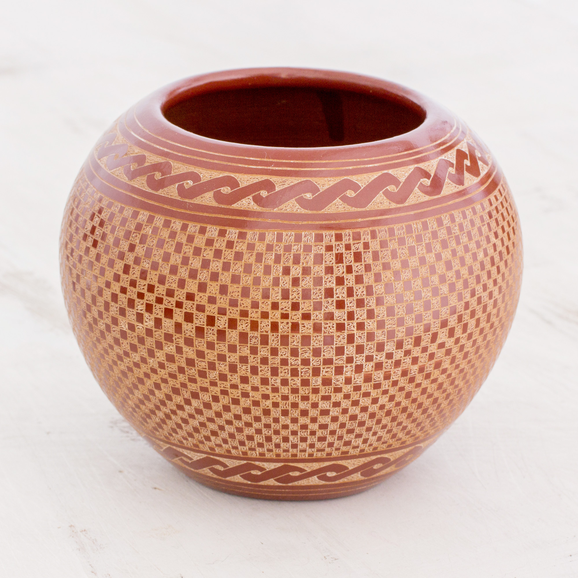 Terracotta And Natural Check Pattern Ceramic Decorative Vase