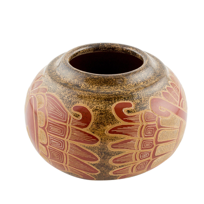 Ceramic decorative vase, 'Feathered Deity' - Quetzalcóatl Handcrafted Red Brown Decorative Ceramic Vase