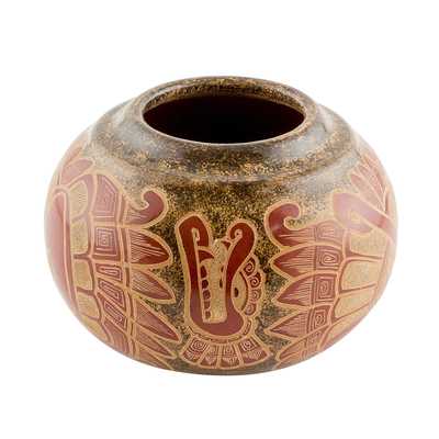 Ceramic decorative vase, 'Feathered Deity' - Quetzalcóatl Handcrafted Red Brown Decorative Ceramic Vase
