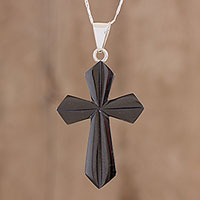 Jade pendant necklace, 'Black Sacrifice of Love' - Jade Cross Necklace in Black from Guatemala