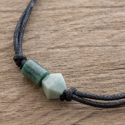 Black leather choker necklace for men with Jade and silver beads