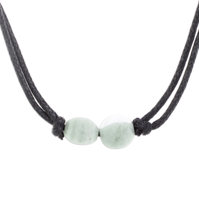 Jade pendant necklace, 'Twins Together' - Pale Green Jade Pendant on Black Cotton Cord Necklace