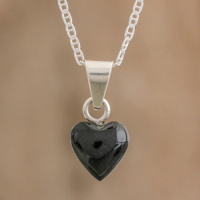 Jade pendant necklace, 'Black Symbol of Love' - Black Jade and Sterling Silver Heart Pendant Necklace