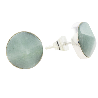 Jade stud earrings, 'Apple Green Faceted Circles' - Apple Green Jade Stud Earrings from Guatemala