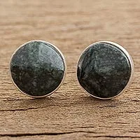 Jade stud earrings, 'Dark Green Faceted Circles'