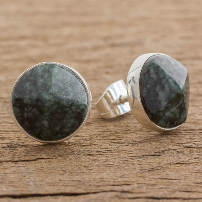 Jade stud earrings, 'Dark Green Faceted Circles' - Dark Green Jade Stud Earrings from Guatemala