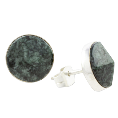 Jade stud earrings, 'Dark Green Faceted Circles' - Dark Green Jade Stud Earrings from Guatemala