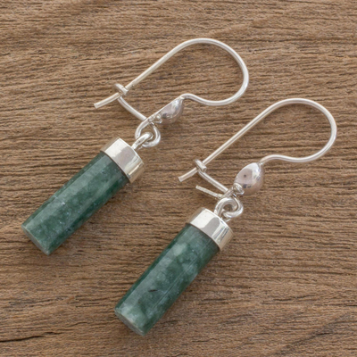 Jade dangle earrings, 'Green Mayan Pillars' - Green Jade Cylindrical Dangle Earrings from Guatemala