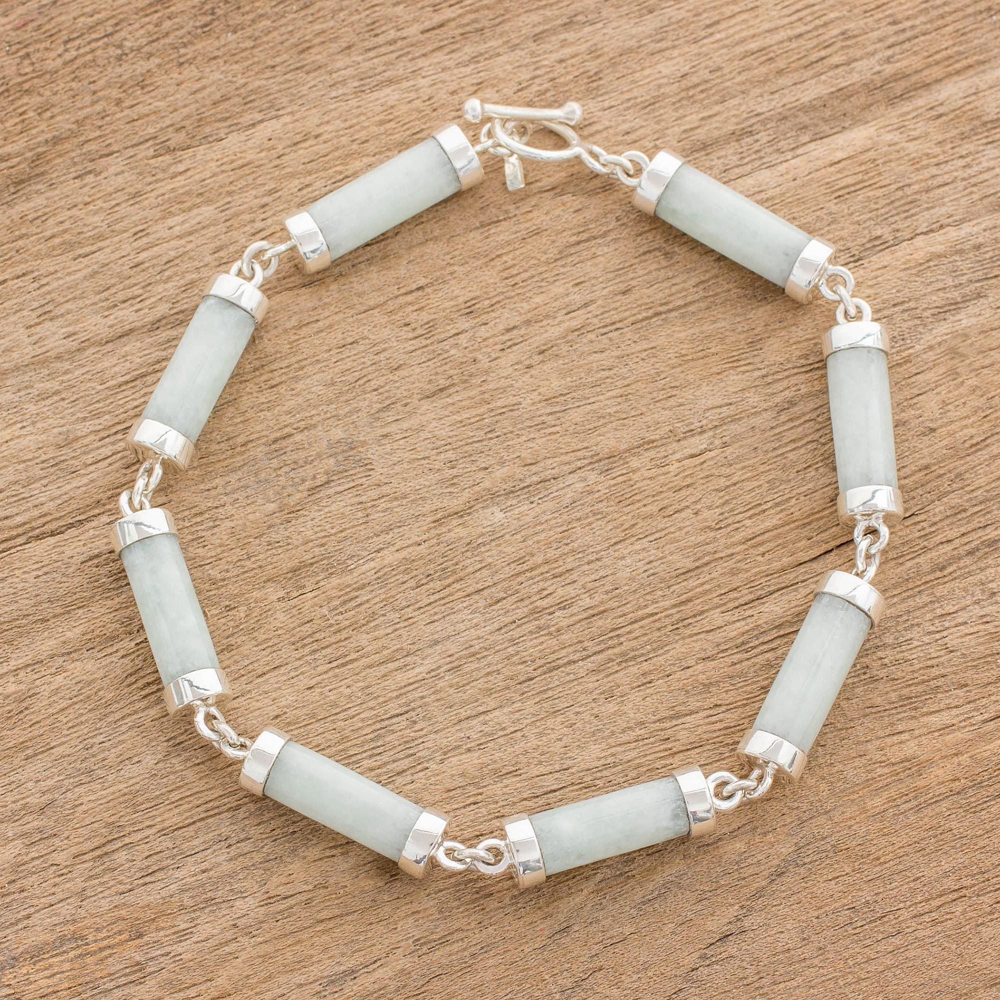 Light Jade Cylinders Sterling Silver Link Wristband Bracelet Calm