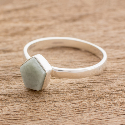 Jade cocktail ring, 'Striking in Pale Green' - Pale Green Jade Pentagon and Sterling Silver Cocktail Ring