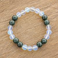 Jade and moonstone beaded stretch bracelet, 'Fields and Clouds'