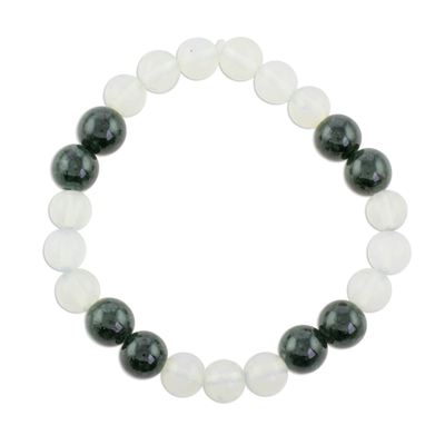 Jade and moonstone beaded stretch bracelet, 'Fields and Clouds' - Dark Green Jade and Moonstone Bead Stretch Bracelet