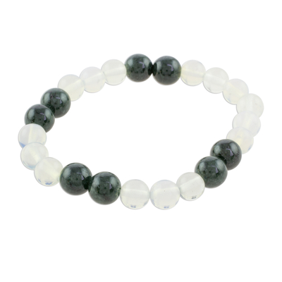 Jade and rainbow moonstone beaded stretch bracelet, 'Fields and Clouds' - Dark Green Jade and Rainbow Moonstone Bead Stretch Bracelet