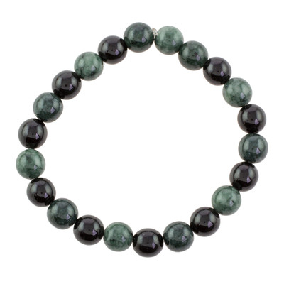 Jade beaded stretch bracelet, 'Forest Evening' - Green and Black Jade Round Beaded Stretch Bracelet