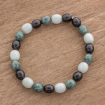 Jade beaded stretch bracelet, 'Light and Shade' - Black Green and Pale Natural Jade Beaded Stretch Bracelet
