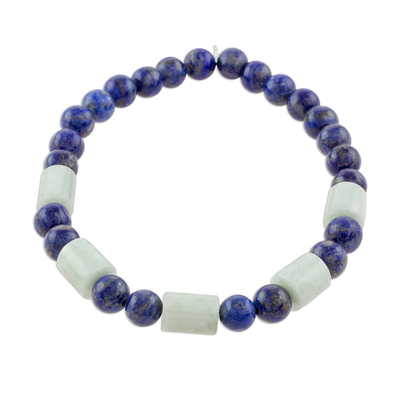 Jade and lapis lazuli beaded stretch bracelet, 'Clouds at Twilight' - Lapis Lazuli and Pale Green Jade Beaded Stretch Bracelet