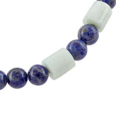Jade and lapis lazuli beaded stretch bracelet, 'Clouds at Twilight' - Lapis Lazuli and Pale Green Jade Beaded Stretch Bracelet