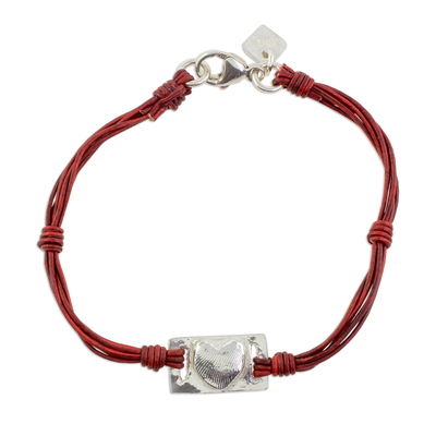 Fine silver pendant bracelet, 'Love Rectangle' - Fine Silver and Red Leather Heart Bracelet from Guatemala