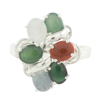 Jade cocktail ring, 'Tide Pools at Sunset' - Multi-Colored Jade Ovals in Sterling Silver Cocktail Ring