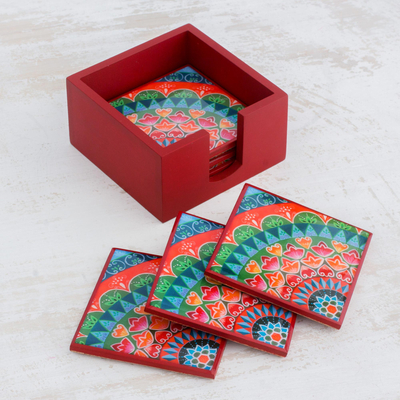 Wood coasters, 'Home Delicacies' (set of 6) - Six Handcrafted Wood Coasters in Red from Costa Rica